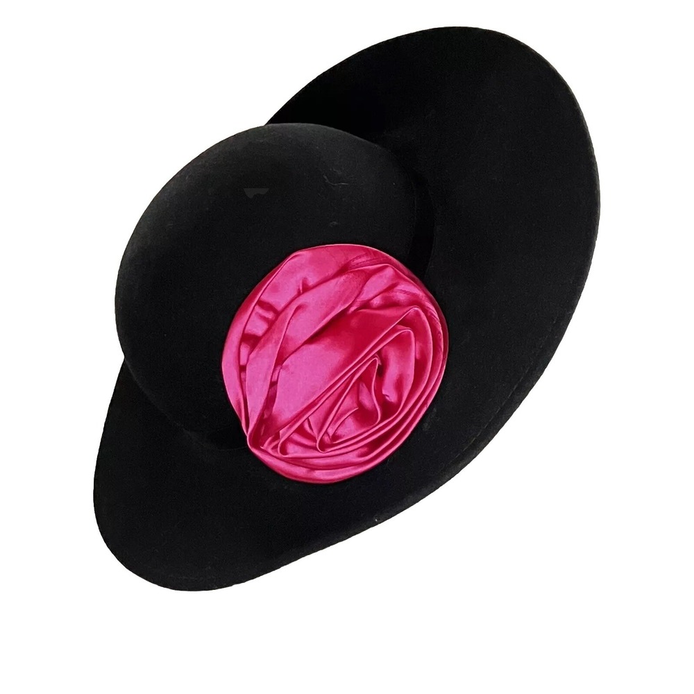Y2k 80's  Vintage Importina Hat Black Pink Flower‎ 100% Wool/Felt